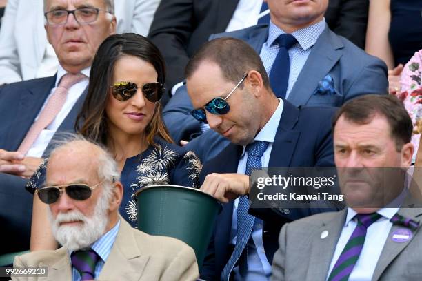 Sergio Garcia and wife Angela Akins Garcia attend day five of the Wimbledon Tennis Championships at the All England Lawn Tennis and Croquet Club on...