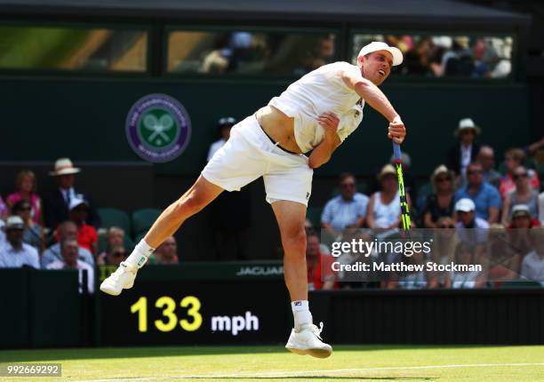 Sam Querrey of the United States serves against Gael Monfils of France during their Men's Singles third round match on day five of the Wimbledon Lawn...