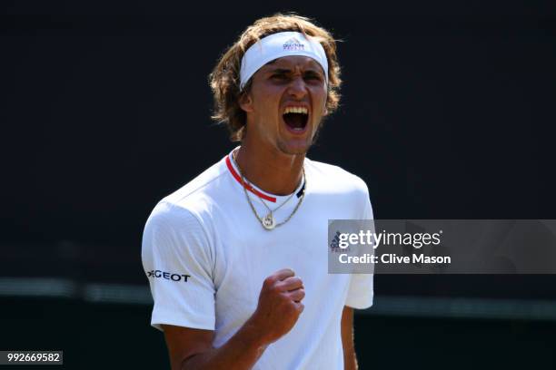 Alexander Zverev of Germany celebrates a point against Taylor Fritz of the United States duirng their Men's Singles second round match on day five of...