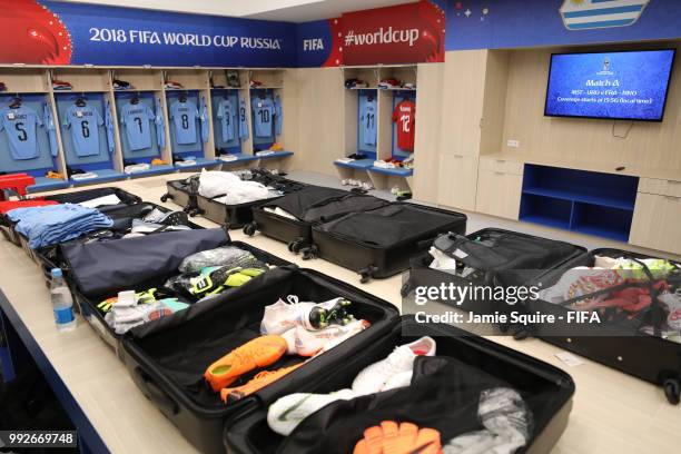 General view inside the Uruguay dressing room prior to the 2018 FIFA World Cup Russia Quarter Final match between Uruguay and France at Nizhny...