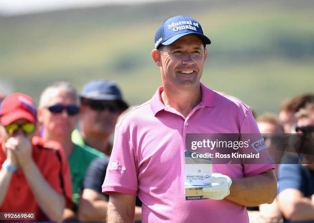 Padraig Harrington of Ireland smiles on the first tee during the second round of the Dubai Duty Free Irish Open at Ballyliffin Golf Club on July 6,...