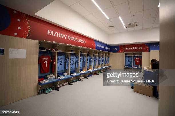 General view inside the Uruguay dressing room prior to the 2018 FIFA World Cup Russia Quarter Final match between Uruguay and France at Nizhny...