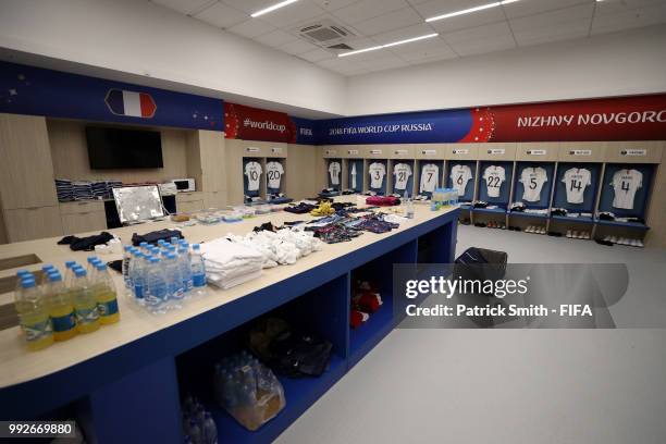 General view inside the France dressing room prior to the 2018 FIFA World Cup Russia Quarter Final match between Uruguay and France at Nizhny...