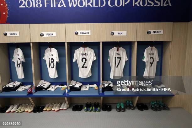 General view inside the France dressing room prior to the 2018 FIFA World Cup Russia Quarter Final match between Uruguay and France at Nizhny...