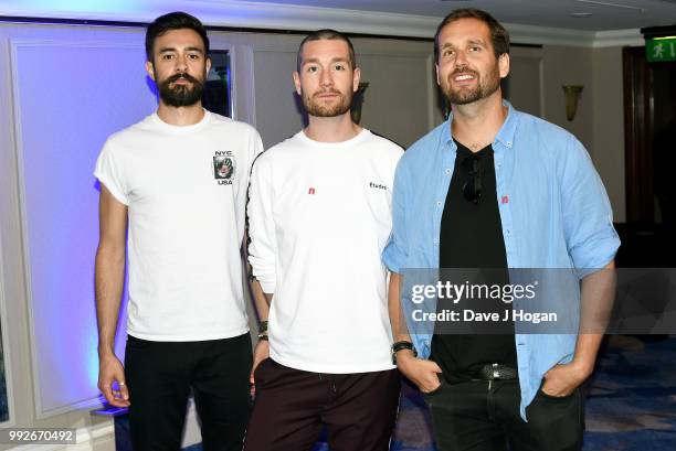 Kyle Simmons, Dan Smith and Will Farquarson of Bastille attend the Nordoff Robbins' O2 Silver Clef Awards at Grosvenor House, on July 6, 2018 in...