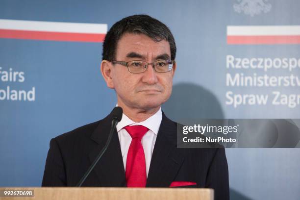 Japanese Foreign Minister Taro Kono talks to journalists during a joint press conference with Polish Foreign Minister Jacek Czaputowicz at College of...