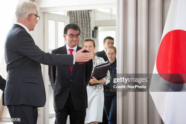 Japanese Foreign Minister Taro Kono and Polish Foreign Minister Jacek Czaputowicz before a joint press conference at College of Europe in Warsaw,...