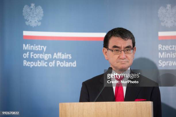 Japanese Foreign Minister Taro Kono talks to journalists during a joint press conference with Polish Foreign Minister Jacek Czaputowicz at College of...