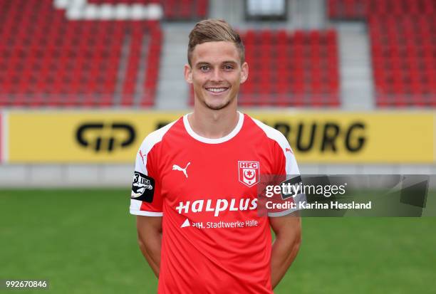 Moritz Heyer of Halle poses during the Team Presentation of Hallescher FC at Erdgas Sportpark on July 6, 2018 in Halle, Germany.