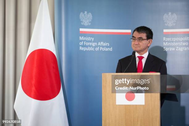 Japanese Foreign Minister Taro Kono talks to journalists during a joint press conference with Polish Foreign Minister Jacek Czaputowicz at College of...