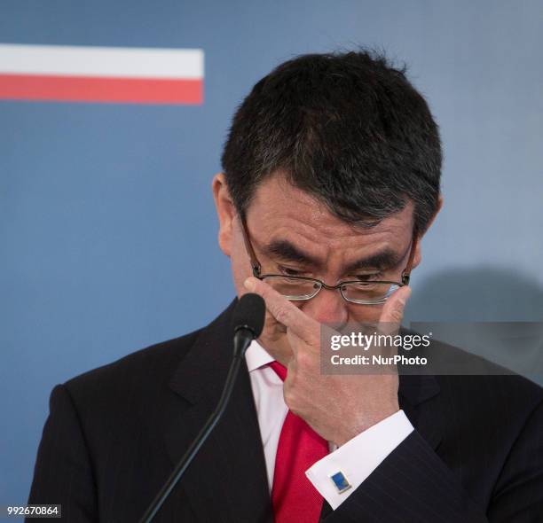 Japanese Foreign Minister Taro Kono talks to journalists during a joint press conference with Polish Foreign Minister Jacek Czaputowicz at College of...