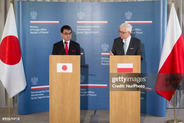 Japanese Foreign Minister Taro Kono talks to journalists during a joint press conference with Polish Foreign Minister Jacek Czaputowicz at College of...