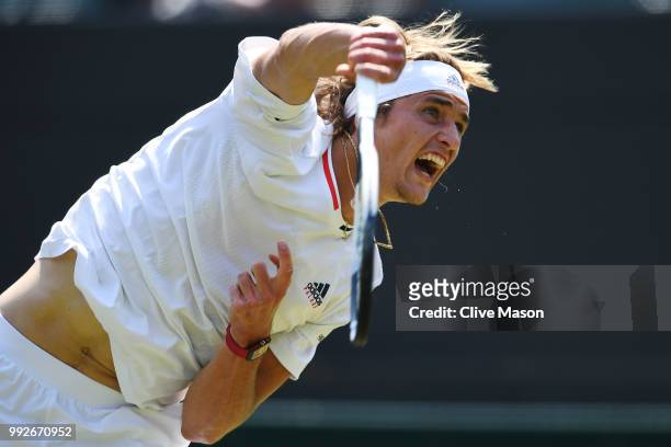 Alexander Zverev of Germany serves against Taylor Fritz of the United States duirng their Men's Singles second round match on day five of the...