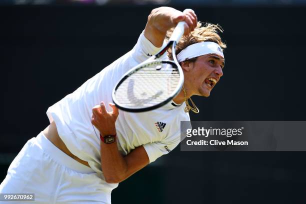 Alexander Zverev of Germany serves against Taylor Fritz of the United States duirng their Men's Singles second round match on day five of the...
