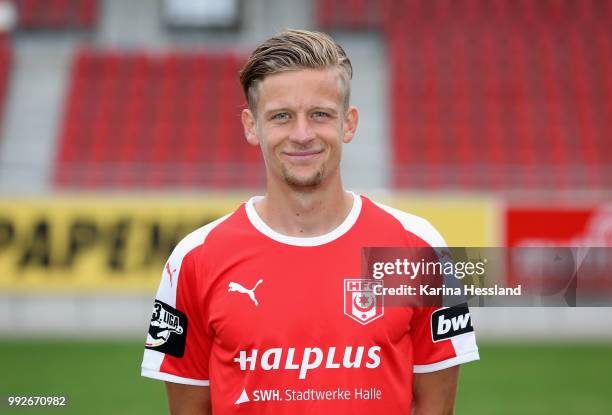 Bentley Baxter Bahn of Halle poses during the Team Presentation of Hallescher FC at Erdgas Sportpark on July 6, 2018 in Halle, Germany.