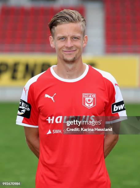 Bentley Baxter Bahn of Halle poses during the Team Presentation of Hallescher FC at Erdgas Sportpark on July 6, 2018 in Halle, Germany.