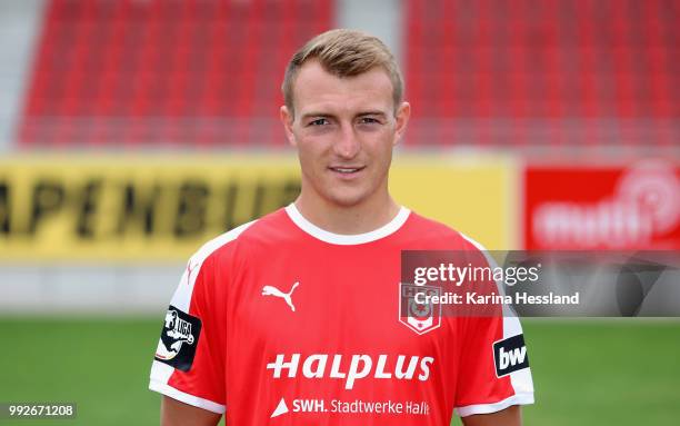 Daniel Bohl of Halle poses during the Team Presentation of Hallescher FC at Erdgas Sportpark on July 6, 2018 in Halle, Germany.