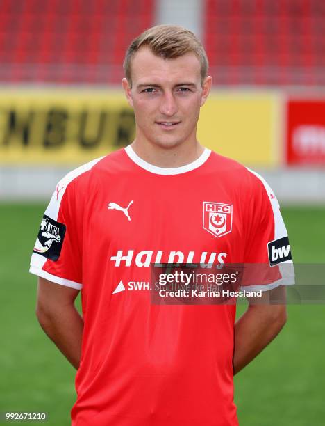 Daniel Bohl of Halle poses during the Team Presentation of Hallescher FC at Erdgas Sportpark on July 6, 2018 in Halle, Germany.