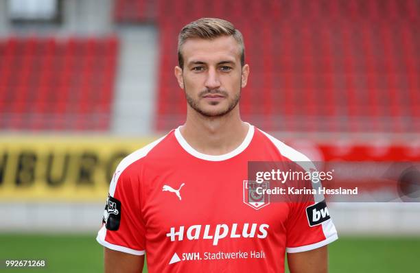 Pascal Sohm of Halle poses during the Team Presentation of Hallescher FC at Erdgas Sportpark on July 6, 2018 in Halle, Germany.