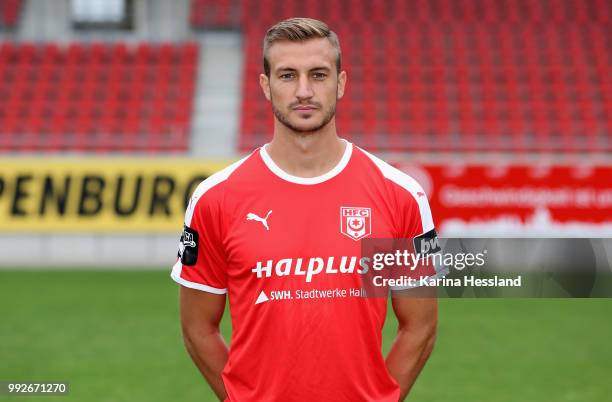 Pascal Sohm of Halle poses during the Team Presentation of Hallescher FC at Erdgas Sportpark on July 6, 2018 in Halle, Germany.