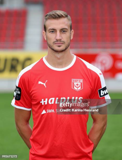 Pascal Sohm of Halle poses during the Team Presentation of Hallescher FC at Erdgas Sportpark on July 6, 2018 in Halle, Germany.
