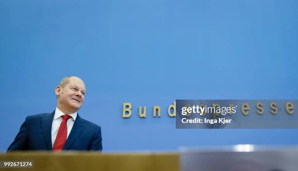 Berlin, Germany German Finance Minister Olaf Scholz captured at the federal press conference on July 06, 2018 in Berlin, Germany.