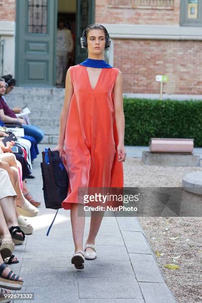 Model walks the runway during the Pilar Dalbat fashion show as part of the Madrid Mercedes Benz Fashion Week Spring/Summer 2019 at the Casa Arabe on...