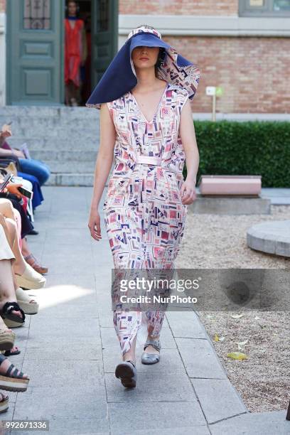 Model walks the runway during the Pilar Dalbat fashion show as part of the Madrid Mercedes Benz Fashion Week Spring/Summer 2019 at the Casa Arabe on...
