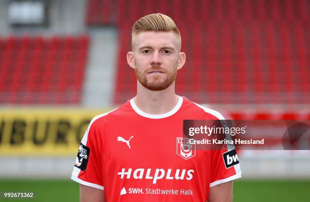 Mathias Fetsch of Halle poses during the Team Presentation of Hallescher FC at Erdgas Sportpark on July 6, 2018 in Halle, Germany.