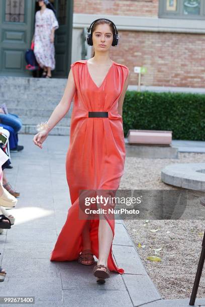 Model walks the runway during the Pilar Dalbat fashion show as part of the Madrid Mercedes Benz Fashion Week Spring/Summer 2019 at the Casa Arabe on...