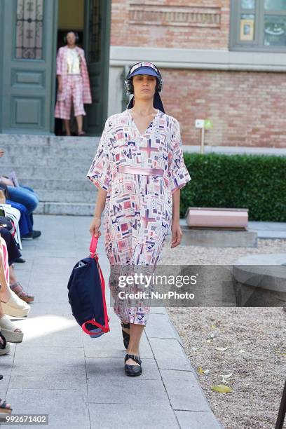 Model walks the runway during the Pilar Dalbat fashion show as part of the Madrid Mercedes Benz Fashion Week Spring/Summer 2019 at the Casa Arabe on...