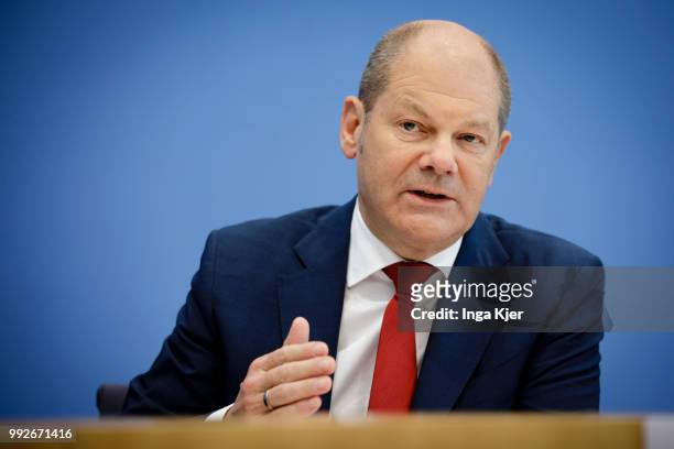 Berlin, Germany German Finance Minister Olaf Scholz captured at the federal press conference on July 06, 2018 in Berlin, Germany.