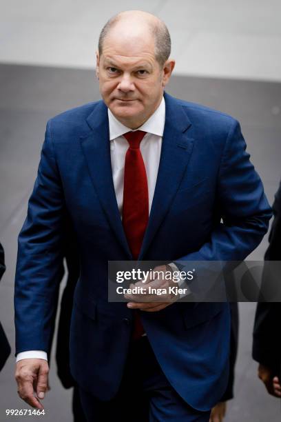 Berlin, Germany German Finance Minister Olaf Scholz arrives at the federal press conference on July 06, 2018 in Berlin, Germany.