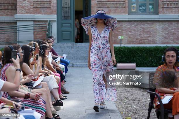 Model walks the runway during the Pilar Dalbat fashion show as part of the Madrid Mercedes Benz Fashion Week Spring/Summer 2019 at the Casa Arabe on...