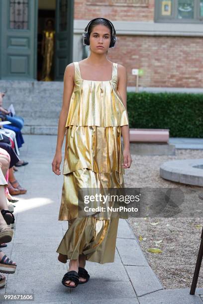 Model walks the runway during the Pilar Dalbat fashion show as part of the Madrid Mercedes Benz Fashion Week Spring/Summer 2019 at the Casa Arabe on...