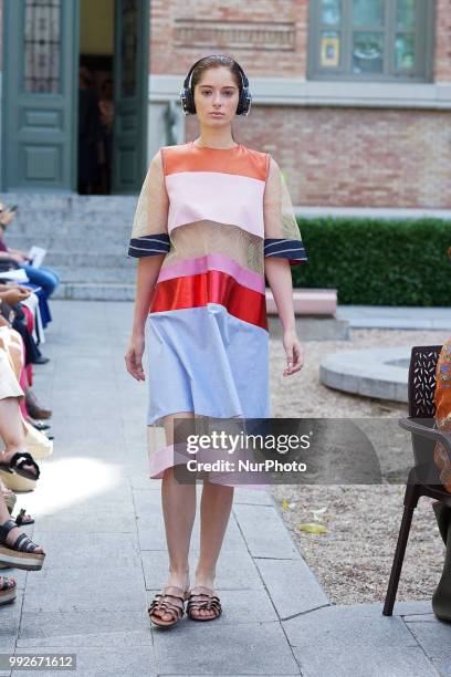 Model walks the runway during the Pilar Dalbat fashion show as part of the Madrid Mercedes Benz Fashion Week Spring/Summer 2019 at the Casa Arabe on...