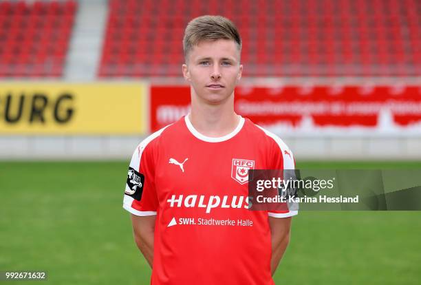 Niclas Fiedler of Halle poses during the Team Presentation of Hallescher FC at Erdgas Sportpark on July 6, 2018 in Halle, Germany.