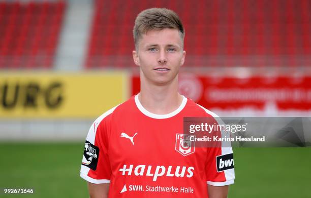 Niclas Fiedler of Halle poses during the Team Presentation of Hallescher FC at Erdgas Sportpark on July 6, 2018 in Halle, Germany.