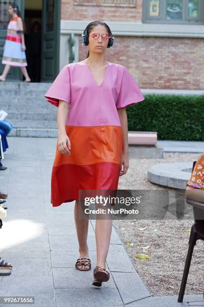 Model walks the runway during the Pilar Dalbat fashion show as part of the Madrid Mercedes Benz Fashion Week Spring/Summer 2019 at the Casa Arabe on...