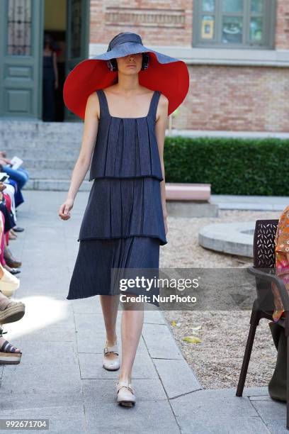 Model walks the runway during the Pilar Dalbat fashion show as part of the Madrid Mercedes Benz Fashion Week Spring/Summer 2019 at the Casa Arabe on...