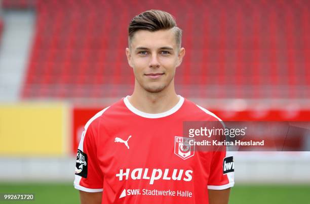 Eric Henschel of Halle poses during the Team Presentation of Hallescher FC at Erdgas Sportpark on July 6, 2018 in Halle, Germany.