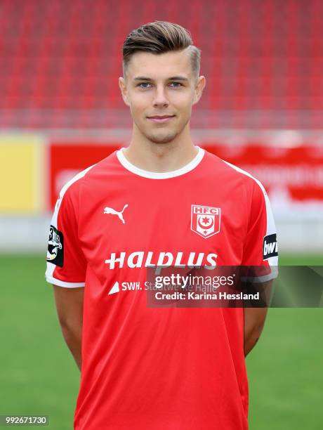 Eric Henschel of Halle poses during the Team Presentation of Hallescher FC at Erdgas Sportpark on July 6, 2018 in Halle, Germany.