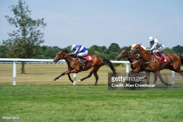 Ryan Moore riding Well Done Fox win The Dragon Stakes at Sandown Park on July 6, 2018 in Esher, United Kingdom.