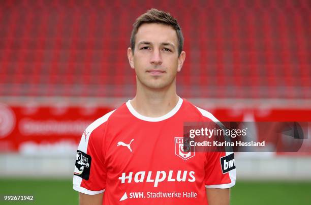 Fynn Arkenberg of Halle poses during the Team Presentation of Hallescher FC at Erdgas Sportpark on July 6, 2018 in Halle, Germany.