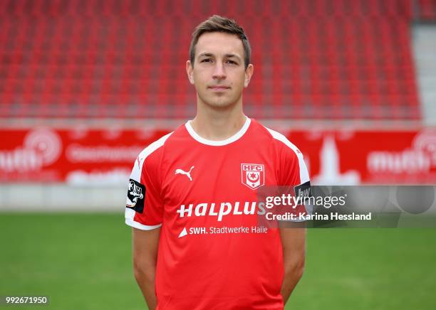 Fynn Arkenberg of Halle poses during the Team Presentation of Hallescher FC at Erdgas Sportpark on July 6, 2018 in Halle, Germany.