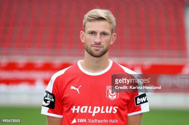 Jan Washausen of Halle poses during the Team Presentation of Hallescher FC at Erdgas Sportpark on July 6, 2018 in Halle, Germany.