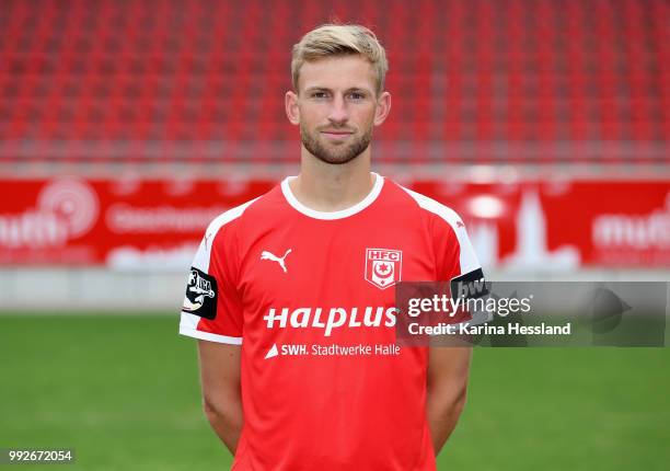 Jan Washausen of Halle poses during the Team Presentation of Hallescher FC at Erdgas Sportpark on July 6, 2018 in Halle, Germany.