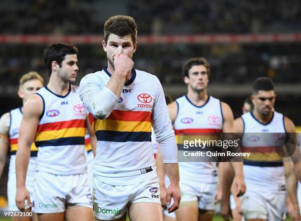Bryce Gibbs of the Crows looks dejected after losing the round 16 AFL match between the Richmond Tigers and the Adelaide Crows at Melbourne Cricket...