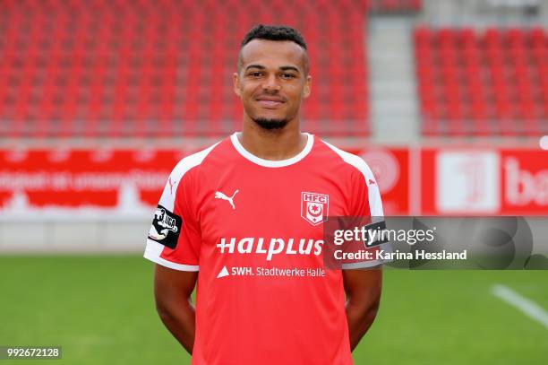 Marvin Ajani of Halle poses during the Team Presentation of Hallescher FC at Erdgas Sportpark on July 6, 2018 in Halle, Germany.