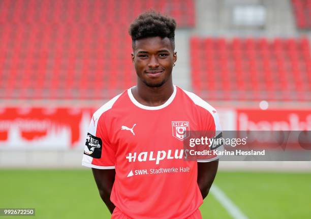 Braydon Manu of Halle poses during the Team Presentation of Hallescher FC at Erdgas Sportpark on July 6, 2018 in Halle, Germany.